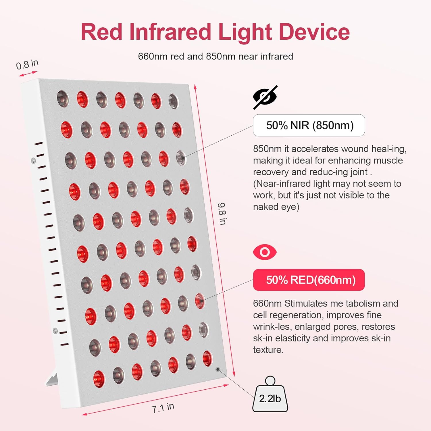 Red Light Therapy Panel with 660nm Red and 850nm Near-Infrared LEDs, 70 LED, Timer Function, 35W