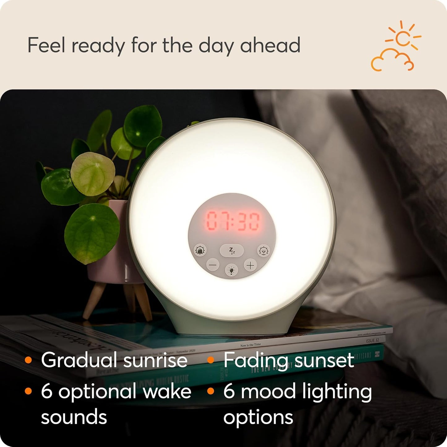 Sunrise Alarm - Sunrise Wake-Up Alarm, Sunset Sleep Feature, Sounds and Mood Lighting, White